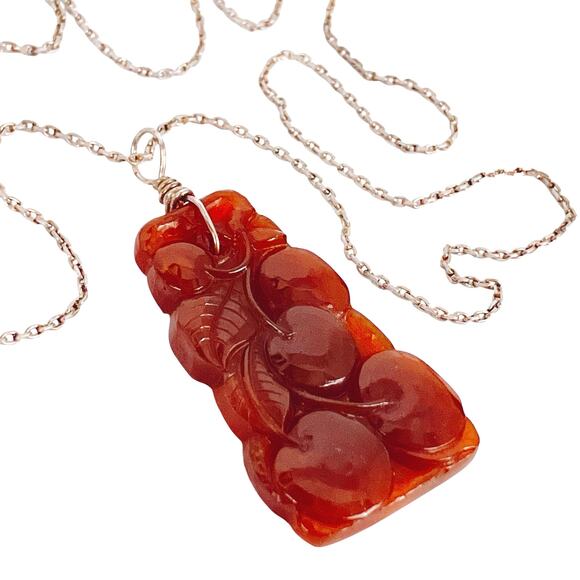 Vintage Jewelry - Vintage Faux Carnelian Molded Glass Fruit Pendant Sterling Silver Necklace 23"